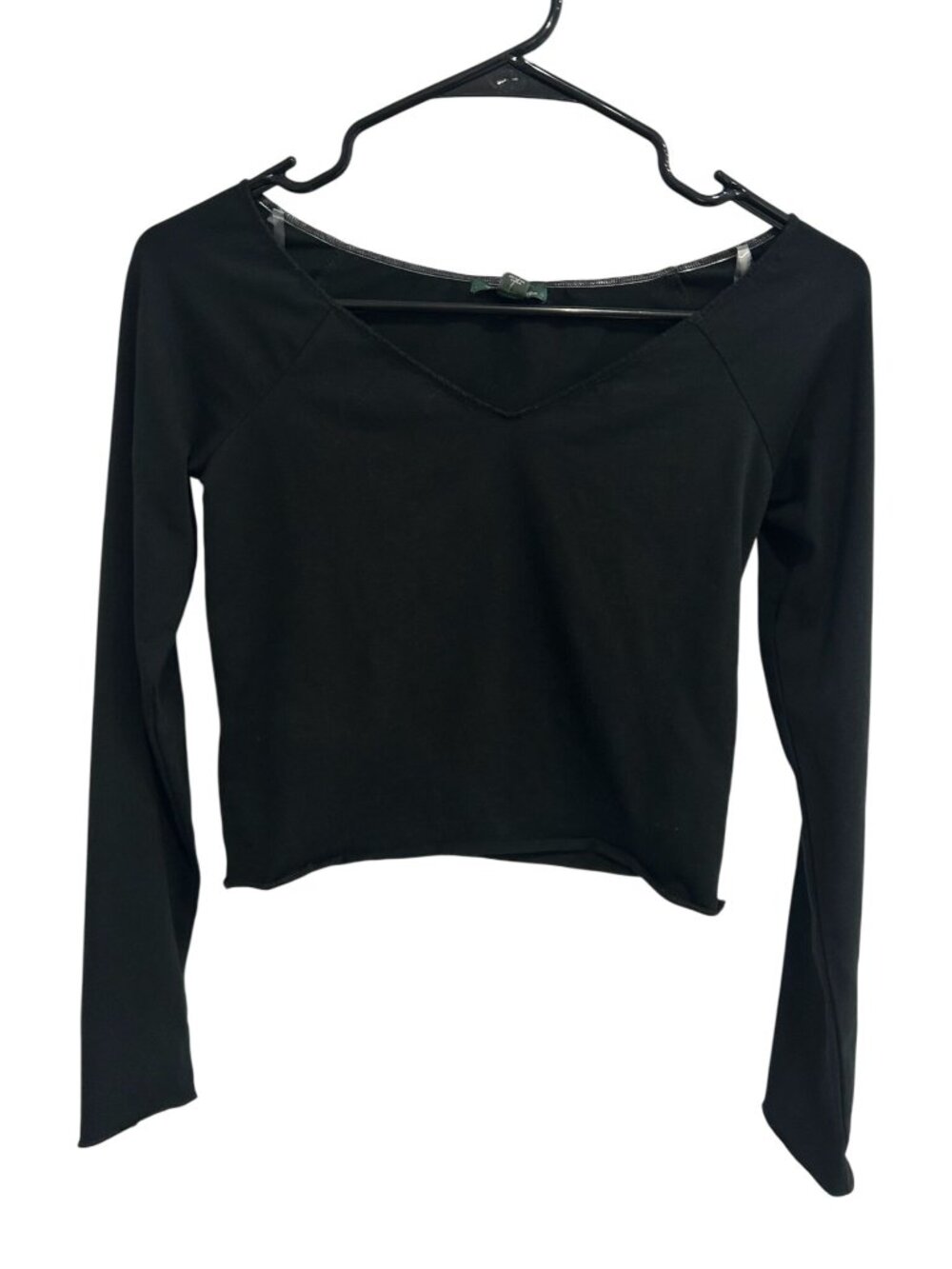 Wild Fable Small Black Long Sleeve V-Neck Cropped Top Raw Hem Noir Gothic NWT